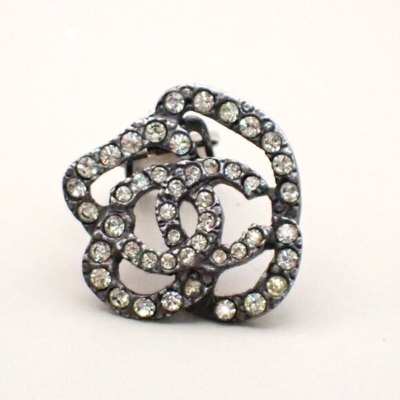 CHANEL Logo Camellia Motif Rhinestone Earrings 00A Silver France - Picture 9 of 16